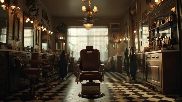 Interior view of a classic vintage barbershop with wooden furniture and checkered floor.
