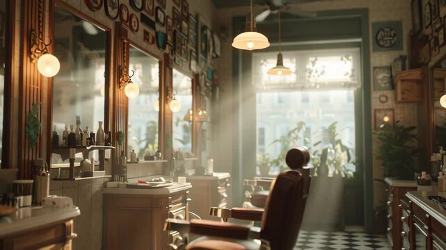 Cozy vintage barbershop interior with classic barber chair and warm lighting.