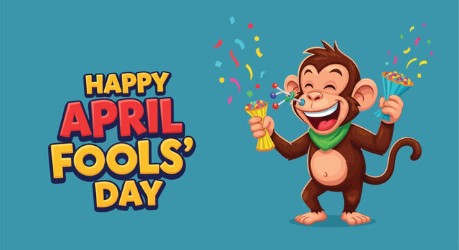 Cheerful cartoon monkey celebrating happy april fools day with confetti