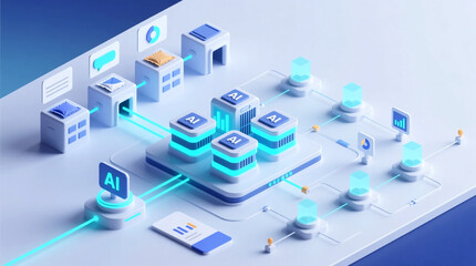 Obraz premium Isometric Visualization of AI Digital Workforce Depicting Intelligent Workflow and Distributed Processing in Advanced Enterprise Automation Architecture