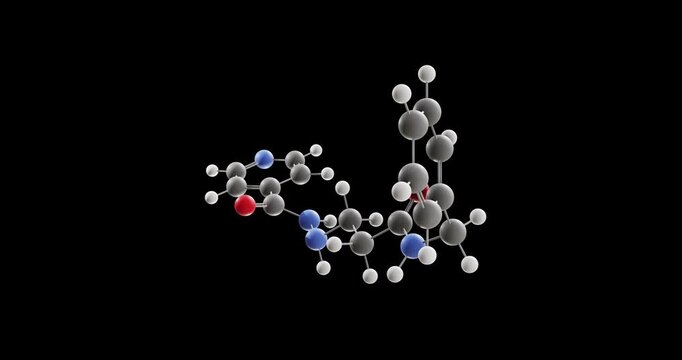 Nialamide molecule, rotating 3D model of monoamine oxidase inhibitor, looped video on a black background
