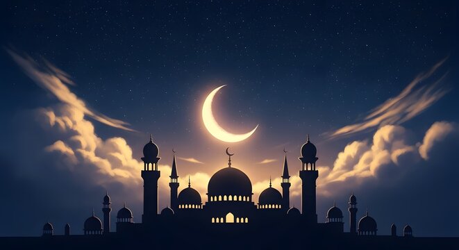 Mosque silhouette under a glowing crescent moon with clouds and stars, magical Ramadan night atmosphere, cinematic lighting, digital illustration