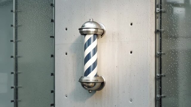 Classic vintage barber pole mounted on metal wall with rivets.
