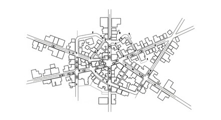 Architectural drawing of a city plan with radial streets and buildings. © Roni