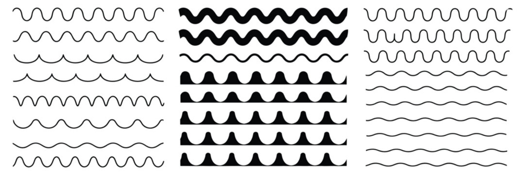 Set of wavy horizontal lines, vector border design element pack, decorative wave divider lines for modern layouts, minimal abstract illustration