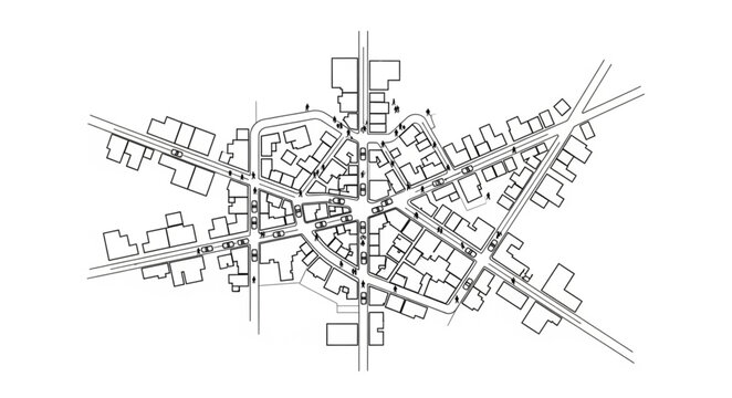 Architectural drawing of a city plan with radial streets and buildings.