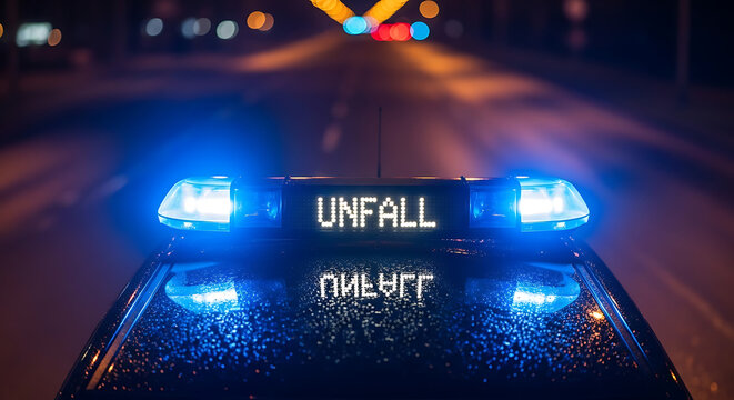 Flashing blue lights on a car roof signal an accident ahead, creating urgency and warning