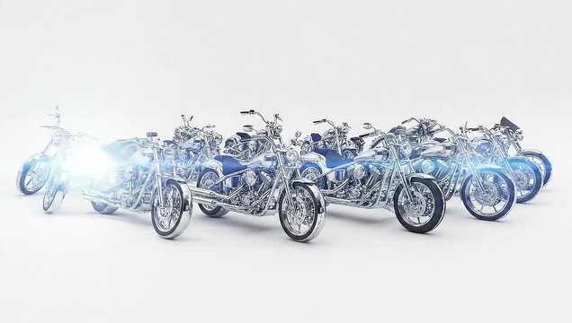 A line of chrome motorcycles on a white background.