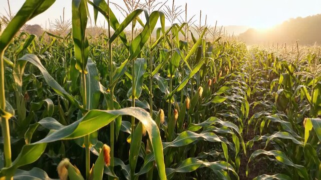 Sunlit cornfield with green corn plants growing under a clear sky at sunrise.