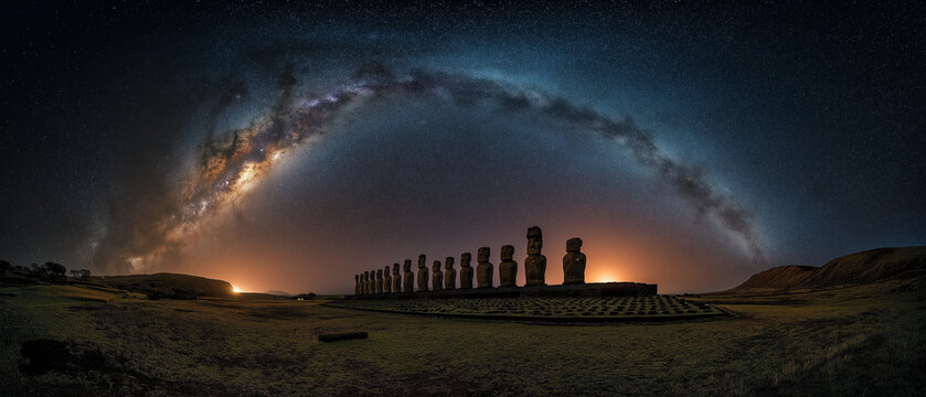 AI generator images of  massive stone pedestal, the most important archaeological site on Easter Island (Rapa Nui) in Chile, features 15 Moai statues lined up against the backdrop of the Milky Way.