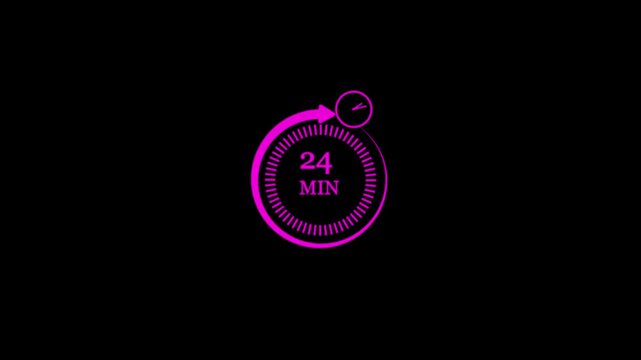 Animated twenty four minute timer on black background, loopable animation, showing countdown in digital format