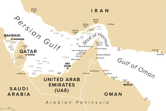 Strait of Hormuz,  sand-colored political map. Waterway between the Persian Gulf and the Gulf of Oman. Strategically important choke point with Iran to the north and UAE and Oman to the south. Vector