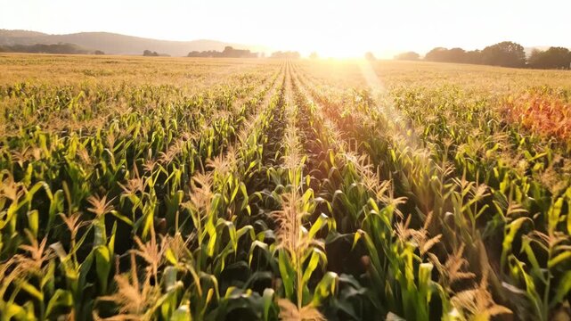 Sunlit cornfield at golden hour with rows of green corn plants stretching into the horizon.