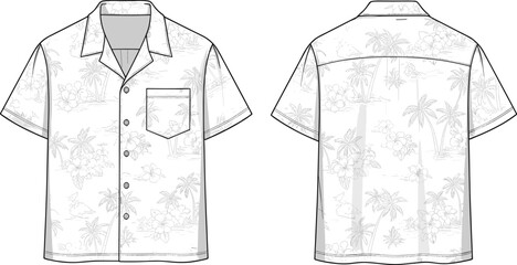 Men Hawaiian aloha shirt technical fashion flat sketch, front and back view, short sleeve tropical print camp collar shirt, apparel template vector illustration © Itz Babu