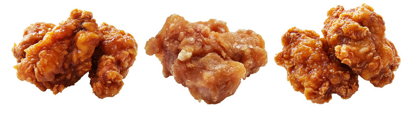 Fototapeta na wymiar Crispy glazed fried chicken Karaage nuggets isolated on white transparent background. Concept of Asian cuisine and Japan
