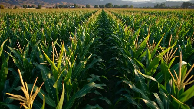 Expansive green cornfield with rows of tall corn plants under a clear sky.
