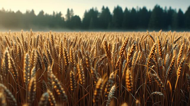 Golden wheat field under soft sunlight with forest background at dawn.