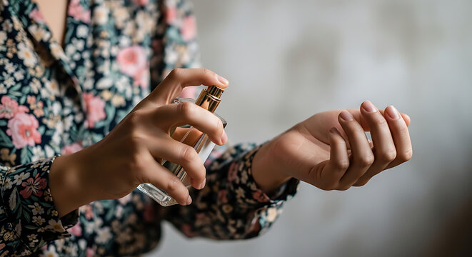 Woman spraying perfume on her wrist, close-up of application and scent diffusion on skin