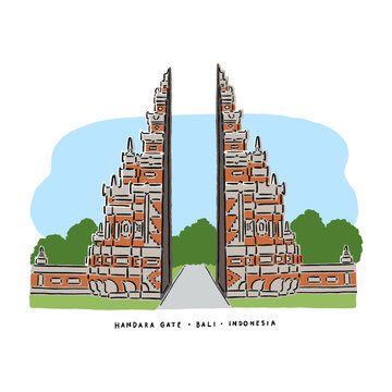 Handara gate Bali Landmark Indonesia World heritage site Hand drawn line art Color illustration