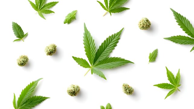 Detailed ro shot showcasing the textured trichomes on cannabis nugs and the intricate patterns of dried marijuana leaves presented against a stark white background for clarity