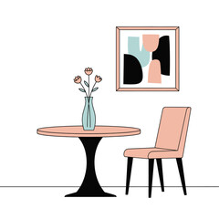 Fototapeta premium Modern Dining Set: Round Table, Chair, Vase with Flowers, and Abstract Art