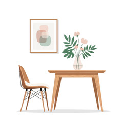 Fototapeta premium Modern Dining Set: Wooden Table, Chair, and Abstract Art on Wall