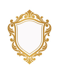 Elegant heraldic shield emblem with decorative gold elements on black