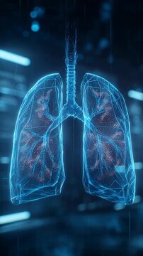 Digital illustration of human lungs with highlighted bronchial tubes and alveoli in a futuristic medical technology setting.