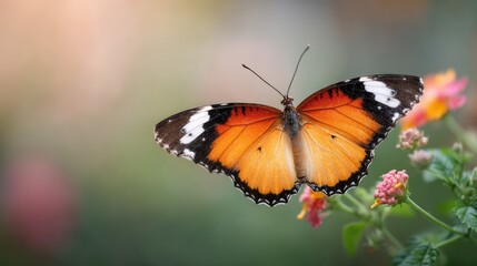 Naklejka premium Vibrant Monarch Butterfly Perched Amidst Colorful Blossoms in a Soft Focus Garden Scene