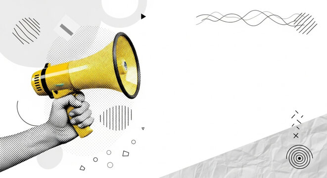 Yellow megaphone held by a hand with graphic elements on a white background, symbolizing announcement and promotion