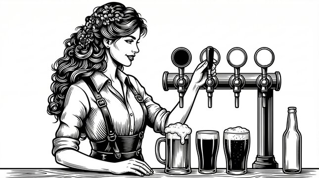 Barmaid with Long Curly Hair Pouring Beer from Tap, Frothy Mugs on Counter, Engraving Style Vector Illustration, Generative AI