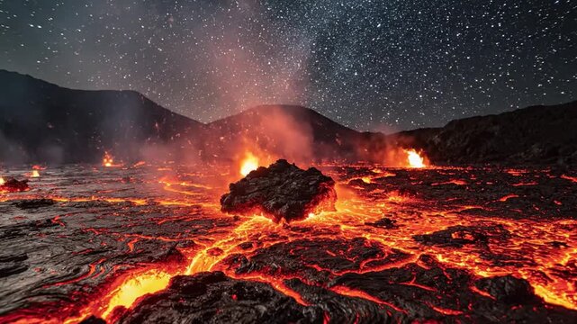 Lava flowing through a mountainous landscape at night with stars in the background, depicting a natural disaster scene