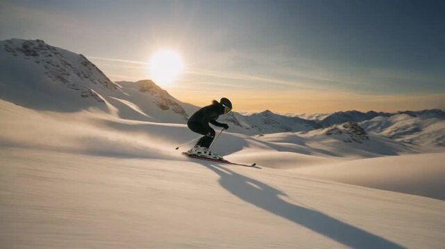 Skier in action on snowy mountain slope during sunset