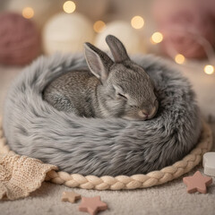 Naklejka premium Cute baby rabbit sleeping on a soft bed