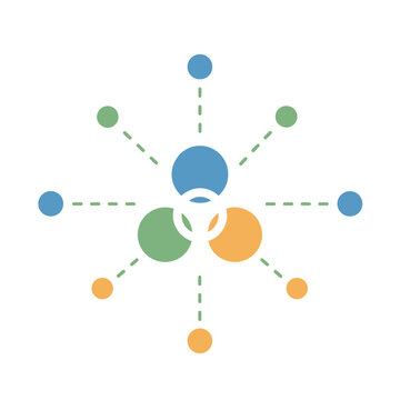 Abstract network hub with connected colorful circles and dashed lines