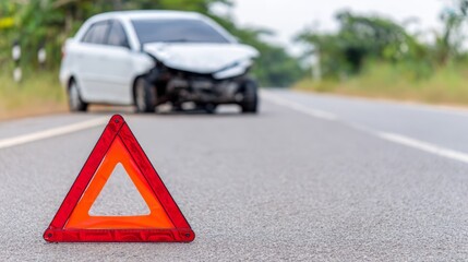 Red reflective warning triangle on asphalt road near damaged white car. Automobile collision aftermath on highway. Road safety, vehicle insurance claim, emergency assistance and car crash concept.