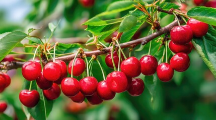 Fresh Red Cherries Hanging from a Green Branch Against a Bright Sky in a Natural Orchard Setting, Highlighting Juicy Fruits Ready for Harvest