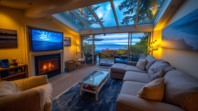 AI generator images of  luxuriously designed and relaxing living room features large sliding glass walls and a glass roof, offering unobstructed views of the sea and forest.