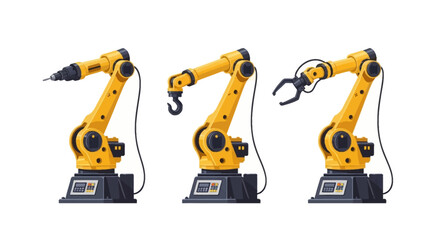 Three industrial robotic arms with different attachments on a white background