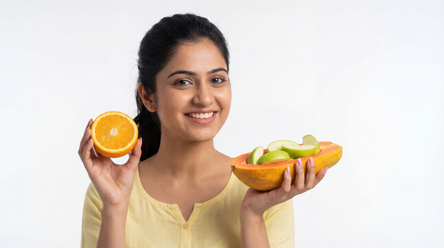 young indian woman holding fruits standing on white background