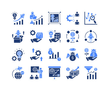 Startup Growth Icon Collection,  featuring Growth Hacking, Product Market Fit, Lean Startup, Angel Investor, Accelerator, Strategy Planning, Development.