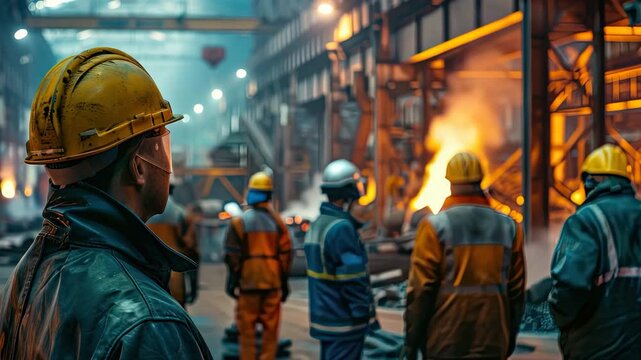 Steel mill workers supervising molten metal production
