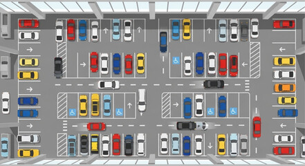 Aerial View of a Crowded Outdoor Parking Lot with Many Cars.