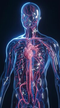 Detailed 3D illustration of the human circulatory system with heart and blood vessels.