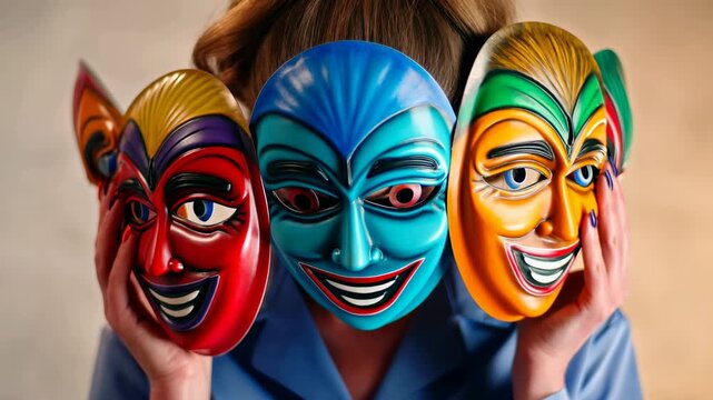 Vivid Disguises Hide Facial Features. Performer Covers Face With Vibrant Masks To Hide Expressions