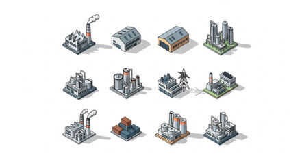 Isometric Industrial Buildings Collection Various Factory Types. © Coklat