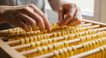 Hands laying fresh pasta dough on wooden rack