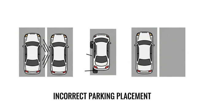 Illustrations of incorrect car parking placement in parking spaces.
