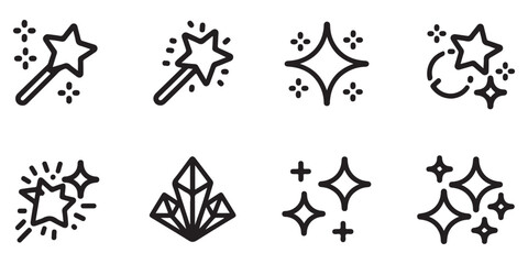 Fototapeta premium Fantasy Magic Icons Set Including Wands Stars and Crystals in Detailed Black Outline Vector Illustration
