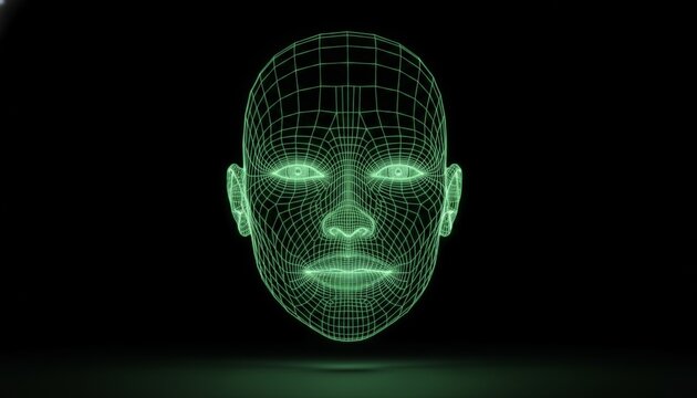 Human face wireframe illustrating concepts of artificial intelligence, facial recognition technology, biometric identification, and digital security on a dark background